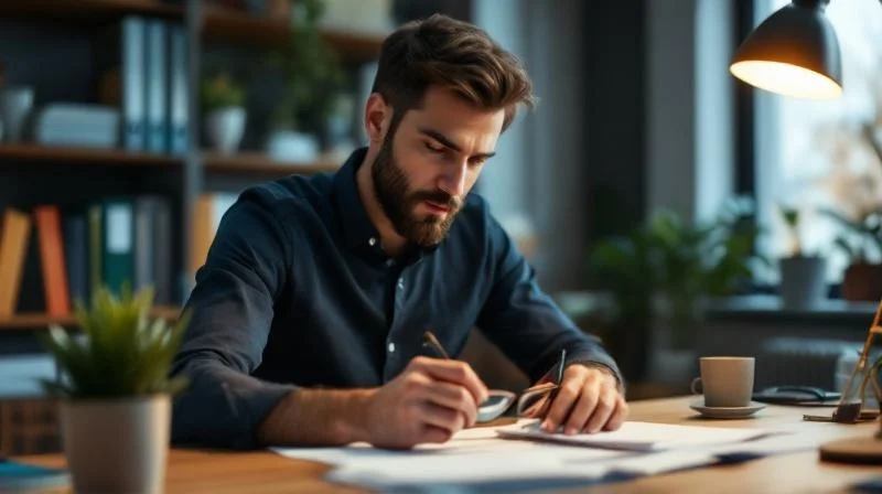 Frau plant Weiterbildungsfinanzierung am Schreibtisch in Bochum