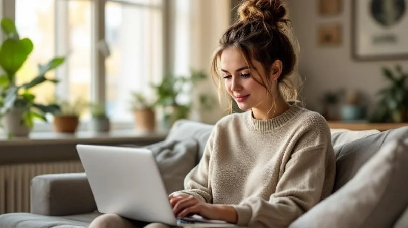 Frau am Laptop in einem hellen Wohnzimmer in Bochum recherchiert Weiterbildungen