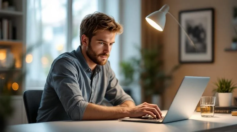 Mann lernt neben dem Beruf online am Laptop in Bochum