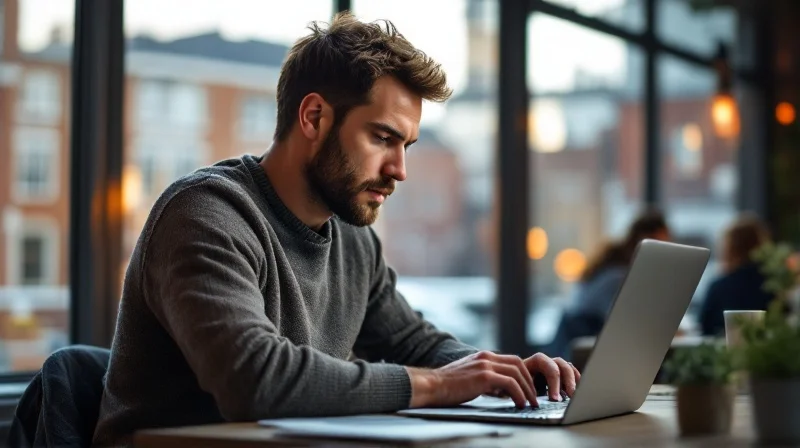 Bochumer Angestellter mit Laptop im Coworking-Space, im Hintergrund Industriearchitektur des Ruhrgebiets
