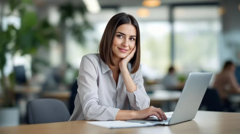 Frau arbeitet konzentriert am Laptop in einem modernen Bochumer Buero