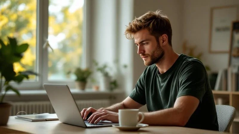 Mann lernt am Laptop in einem modernen Bochumer Apartment mit Blick auf Gruen