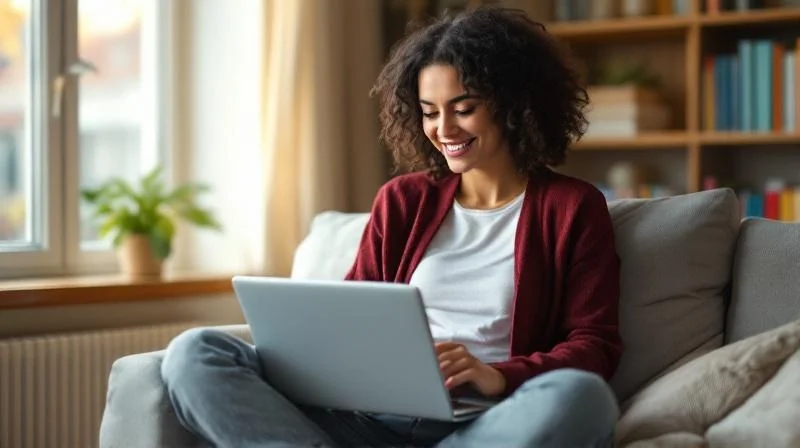 Frau mit Laptop auf dem Sofa in einer hellen Wohnung in Bochum