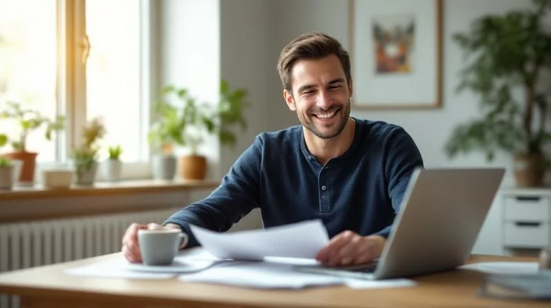 Mann lernt am Schreibtisch mit Laptop und Unterlagen in Bochum